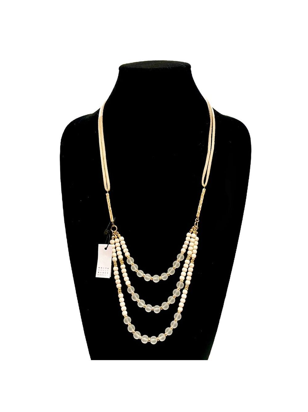 WHBM | Triple-Strand Off-White Beaded Necklace | Tan Slider Cord | NWT